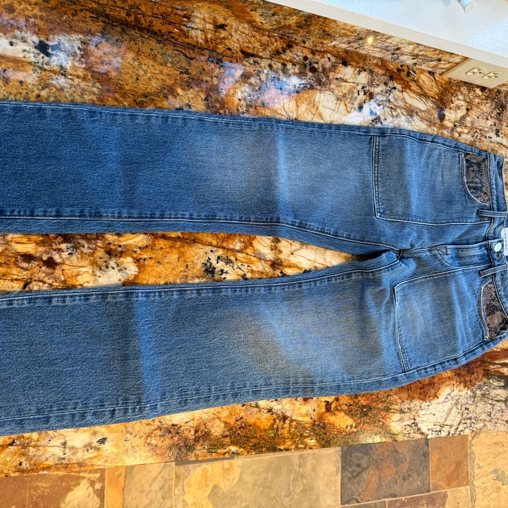 Frame high waisted straight leg jeans with snakeskin detail